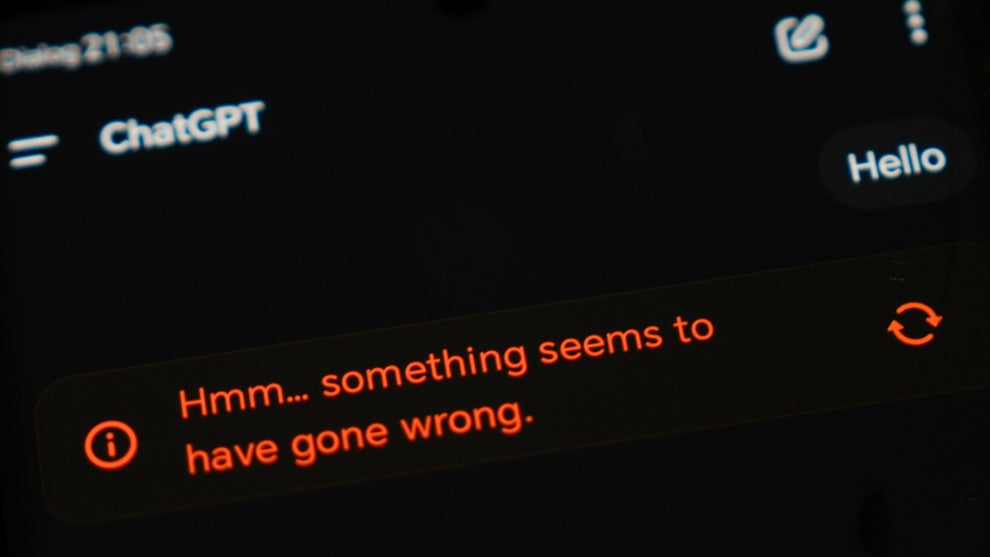 A mobile ChatGPT app shows an error while being used in Ratnapura, Sri Lanka, on June 10, 2025. OpenAI's popular AI chatbot ChatGPT faces significant disruptions as of Tuesday morning, affecting hundreds of millions of users (Credit: Thilina Kaluthotage/NurPhoto via Getty Images).