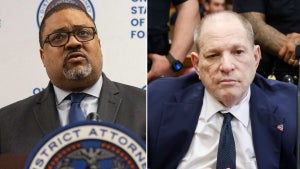 Left: Manhattan District Attorney Alvin Bragg (Yuki Iwamura-Pool/Getty Images), Right: Harvey Weinstein (Michael Nagle-Pool/Getty Images)