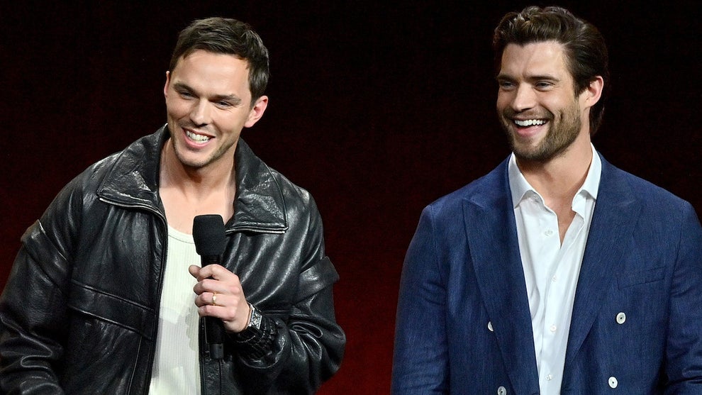 Nicholas Hoult and David Corenswet speak onstage during CinemaCon 2025. (Credit: Jerod Harris/Getty Images for CinemaCon)