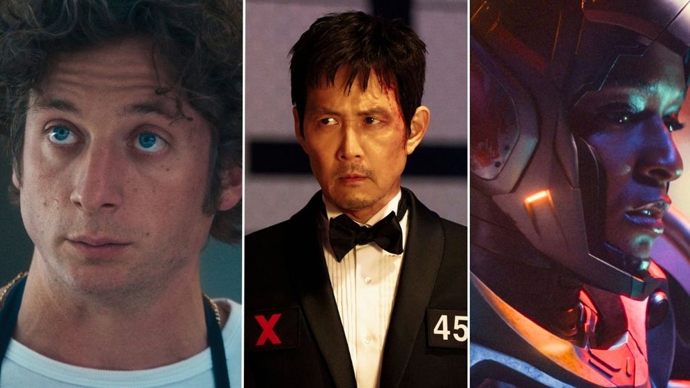 Left to right: "The Bear" Season 4 (FX), "Squid Game" Season 3 (Netflix) and "Ironheart" (Marvel Studios)