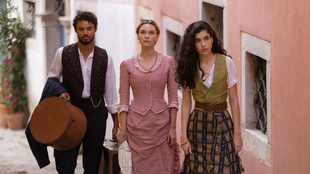 Matthew Broome, Imogen Waterhouse and Grace Ambrose in "The Buccaneers" Season 2 (Credit: Apple TV+)