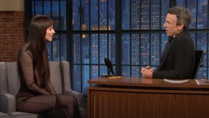 Dakota Johnson and Seth Meyers on "Late Night" (NBC)