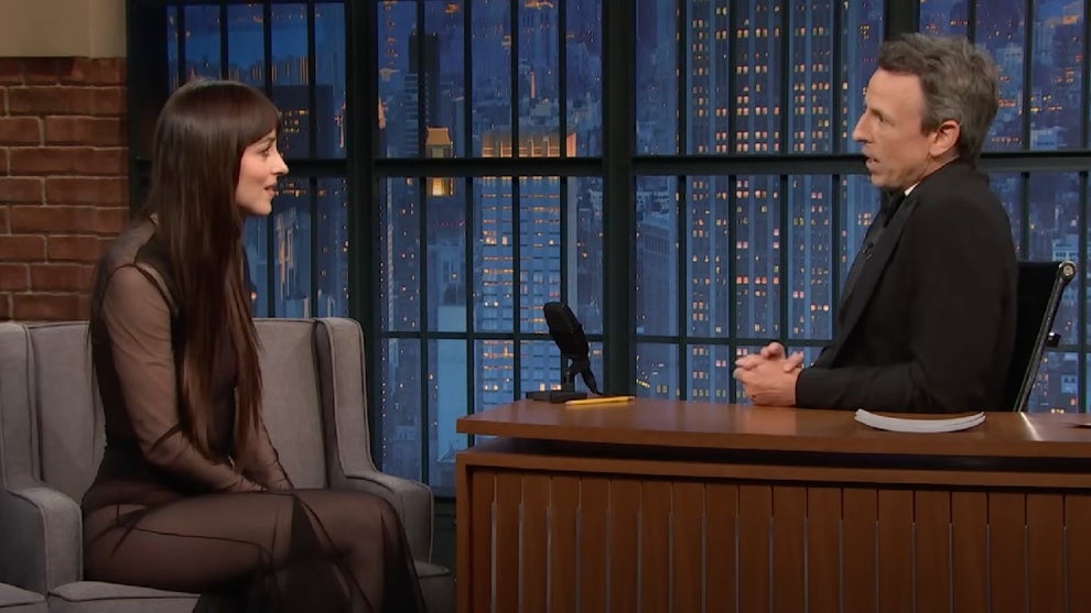 Dakota Johnson and Seth Meyers on "Late Night" (NBC)