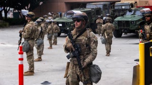 National Guard troops stand outside the Metropolitan Detention Center on June 8, 2025. (Credit: Spencer Platt/Getty Images)