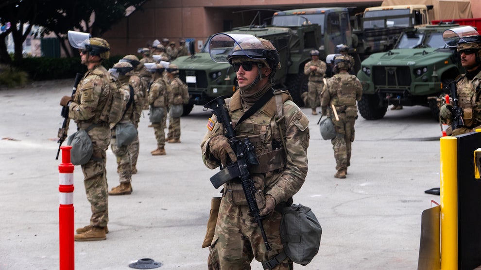 National Guard troops stand outside the Metropolitan Detention Center on June 8, 2025. (Credit: Spencer Platt/Getty Images)