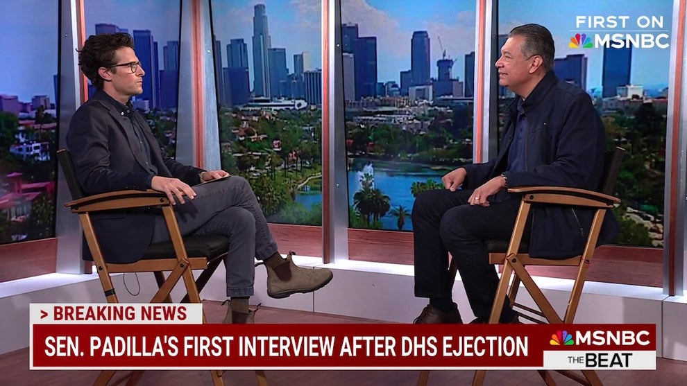 Sen. Alex Padilla appears on MSNBC after forceful arrest (Credit: MSNBC/ “The Beat with Ari Melber”)
