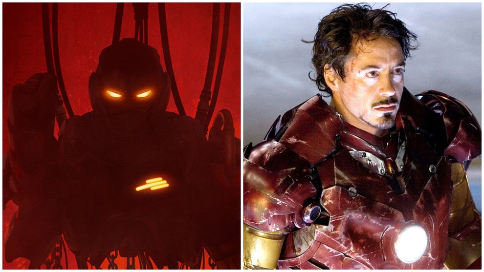 Side-by-side images of a supersuit in the Ironheart poster and Robert Downey Jr. suited up in Iron Man