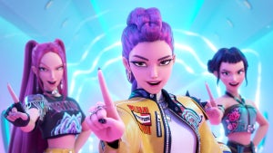 KPOP DEMON HUNTERS - (L-R) Mira (voice by MAY HONG), Rumi (voice by ARDEN CHO) and Zoey (voice by JI-YOUNG YOO). (Credit: Netflix)