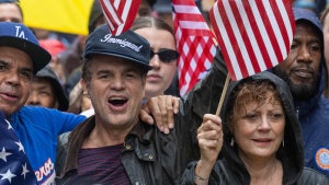 Mark Ruffalo and Susan Sarandon, along with thousands of New Yorkers, march in opposition of Donald Trump's presidency on the day of the military parade celebrating the 250th anniversary of the U.S. Army on June 14, 2025 in New York, New York