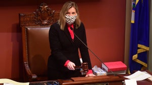 Speaker of the House Melissa Hortman bangs the gavel during a House session at the State Capitol in St. Paul on Tuesday, April 14, 2020. The House approved a fourth COVID-19 relief bill Tuesday as state health officials reported nine more coronavirus deaths