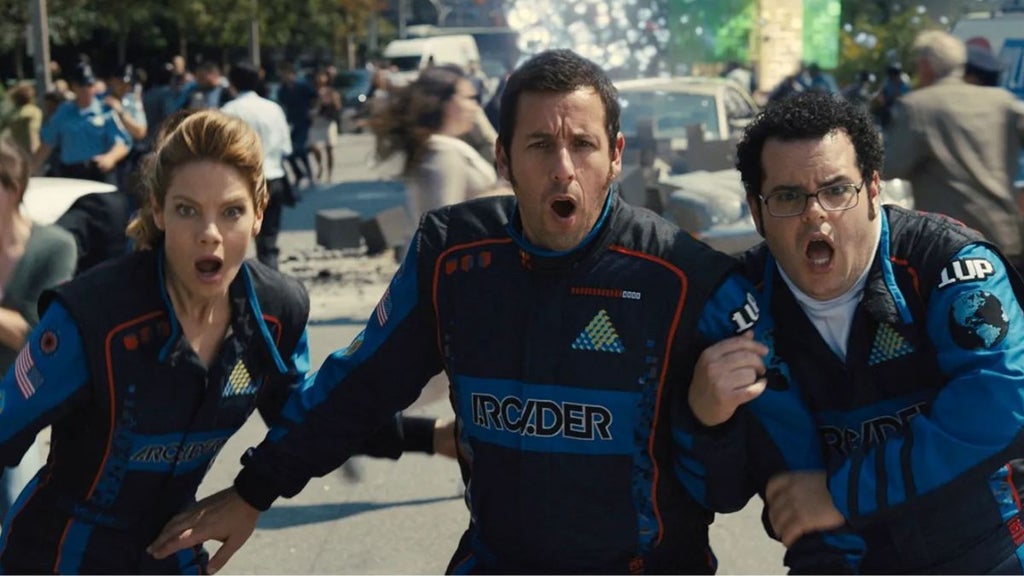 Michelle Monaghan, Adam Sandler and Josh Gad in "Pixels" (Columbia Pictures)