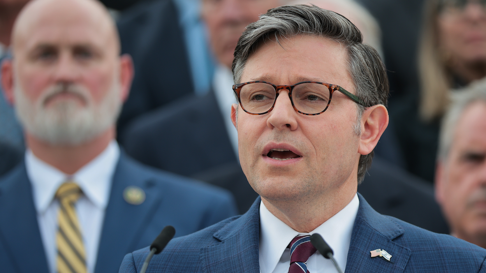 Speaker of the House Rep. Mike Johnson (R-LA) during a memorial vigil hosted by Johnson and House Minority Leader Rep. Hakeem Jeffries (D-NY) outside of the U.S. Capitol on June 10, 2025 in Washington, DC. The vigil was held for two Israeli embassy staff members, Yaron Lischinsky, 30, and Sarah Lynn Milgrim, 26, who were shot and killed as they left the Lillian and Albert Small Capital Jewish Museum on May 21. (Credit: Kayla Bartkowski/Getty Images)
