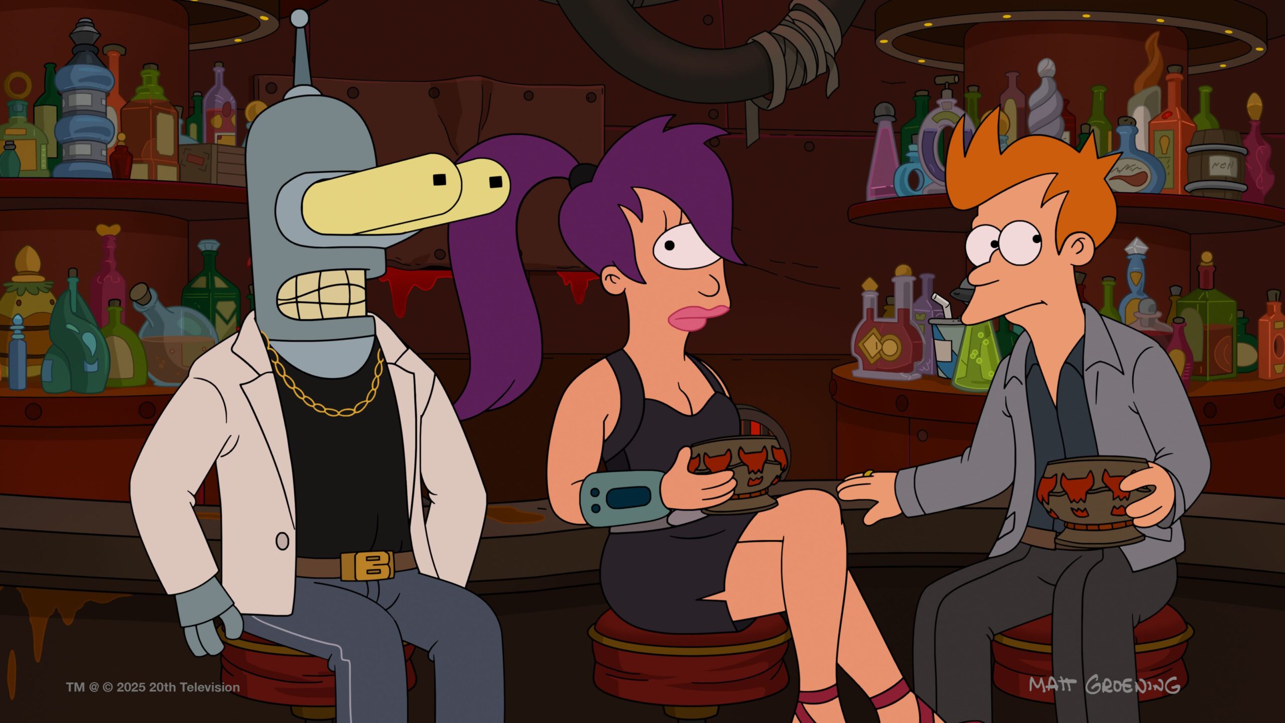 Fry, Leela and the robot Bender speak at a bar.