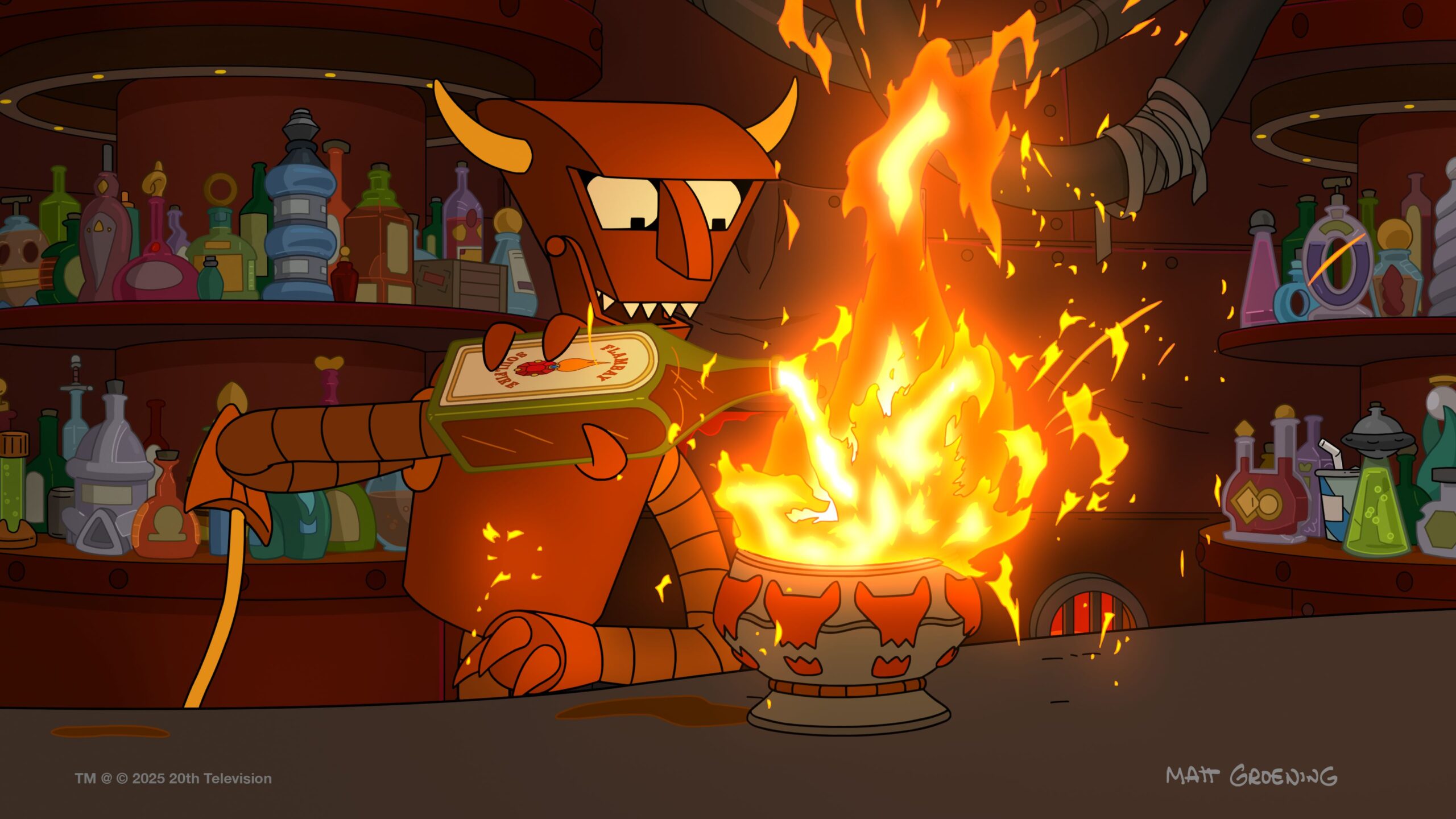 A robot that looks like a devil pours alcohol on a fire