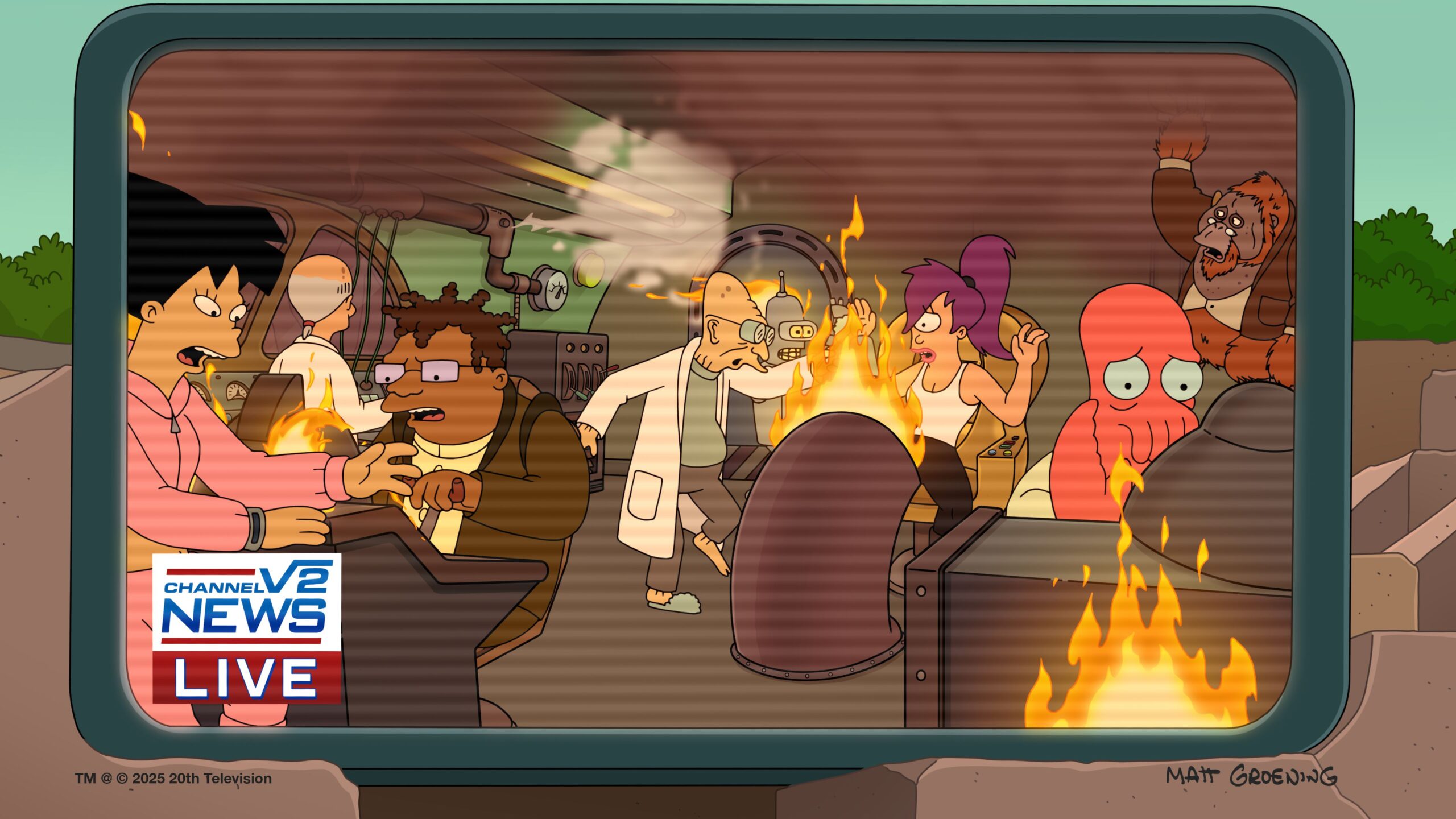 The main cast of "Futurama" is shown through a TV screen on the news in a room that is on fire.
