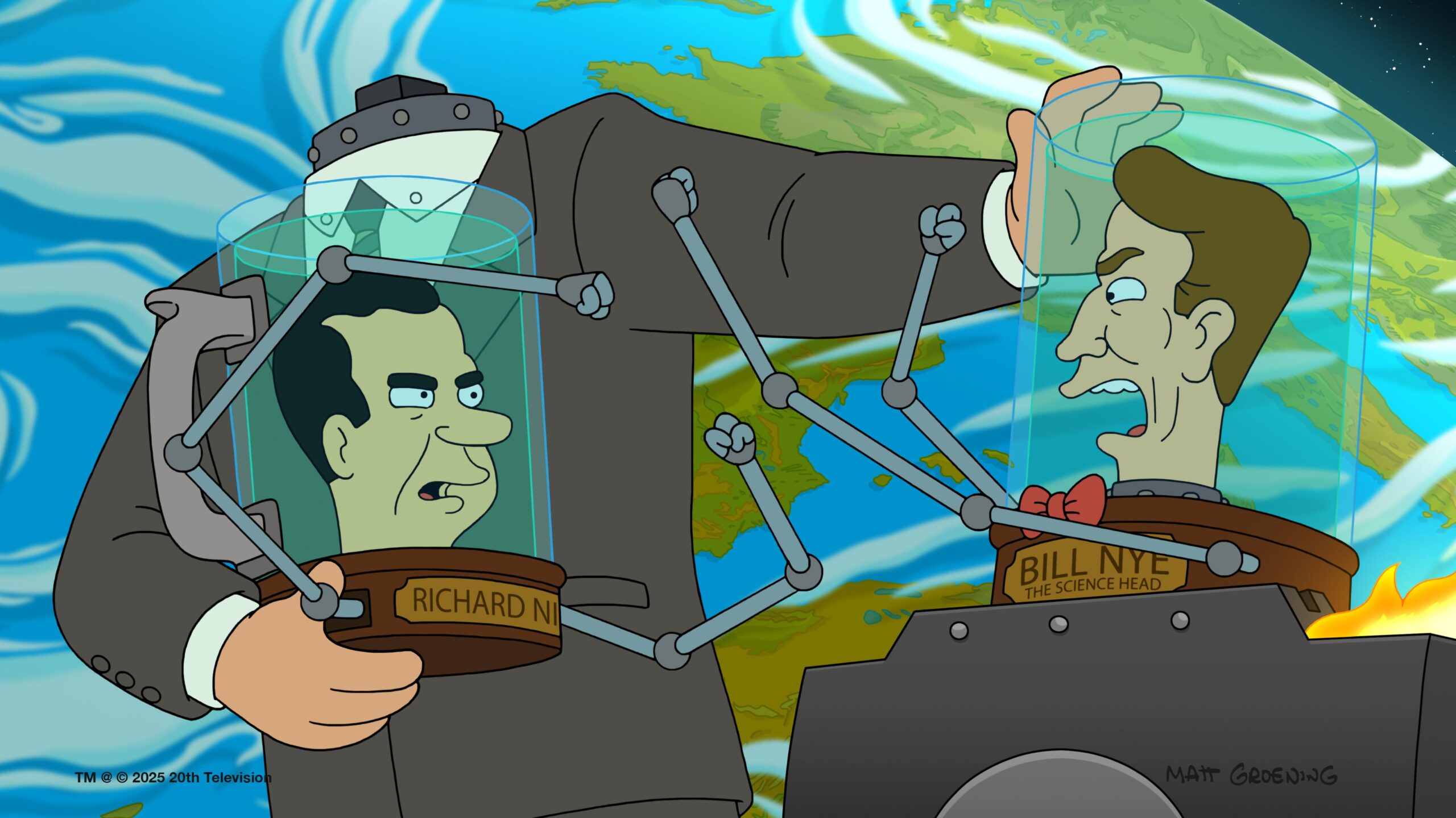 The heads of Richard Nixon and Bill Nye, both in jars, argue with each other while Nixon is held by a headless body