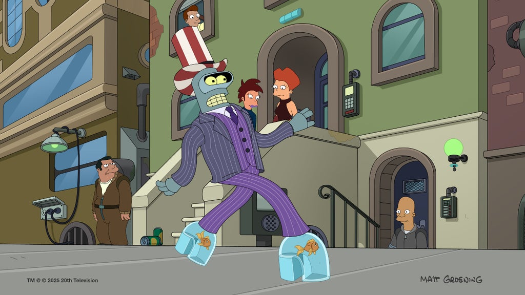 Bender the robot walks down the street in a purple, fish bowl shoes and a red-and-white hat