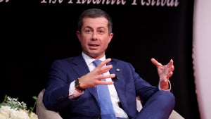 Pete Buttigieg speaks on stage during the "The Future of Mobility" Panel for The Atlantic Festival 2024 on September 19, 2024 in Washington, DC. (Credit: Tasos Katopodis/Getty Images)