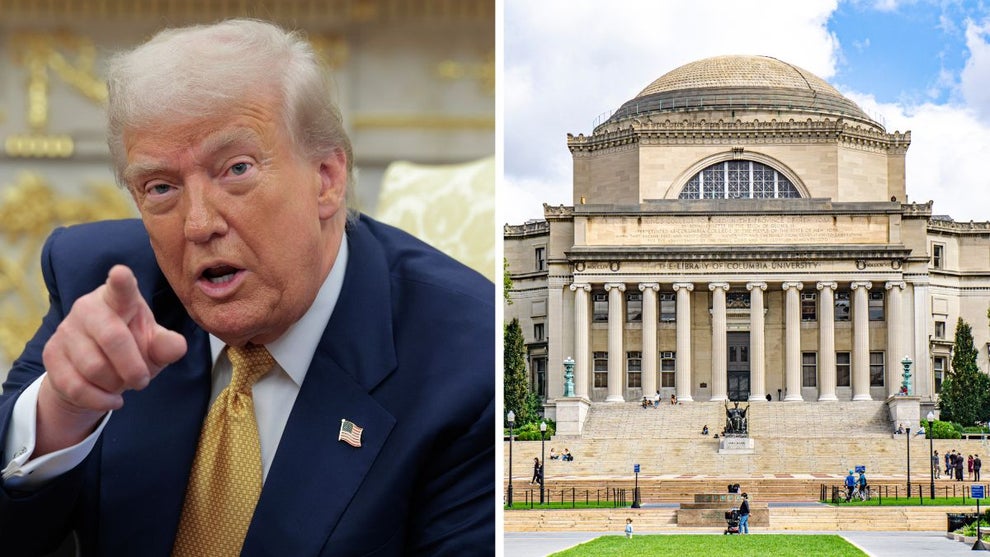 Donald Trump (Credi: Chip Somodevilla/Getty Images) and Columbia University (Credit: Photographer name/Education Images/Universal Images Group via Getty Images)