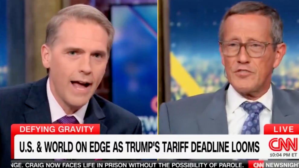Scot Jennings (left) and Richard Quest (right) speak in a split screen on CNN about Trump's tariff deadline