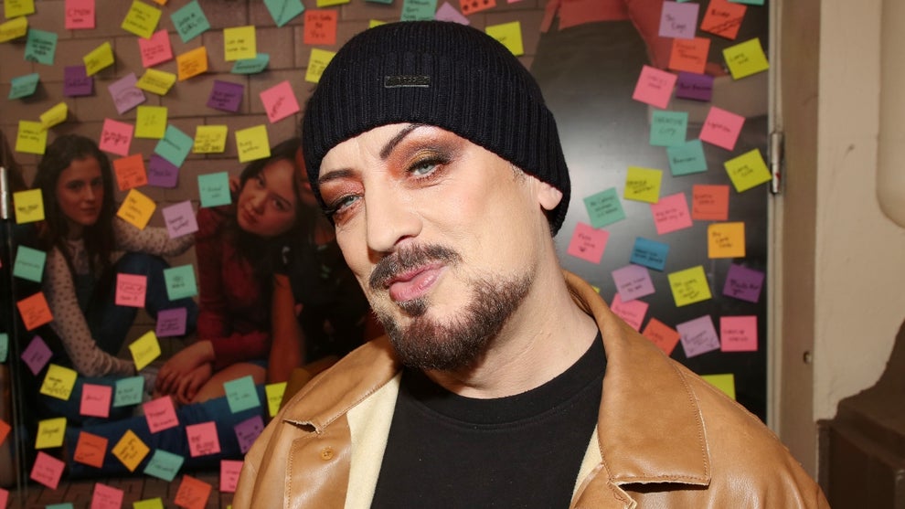 Boy George poses at the opening night of the new play "John Proctor is the Villain" on Broadway at The Booth Theatre on April 14, 2025 in New York City