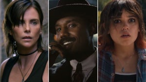Charlize Theron in "The Old Guard 2" (Netflix), Michael B. Jordan in "Sinners" (WB) and Jenna Ortega in "Death of a Unicorn" (A24)