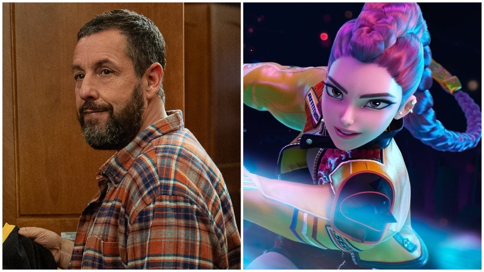 Split image showing a still of Adam Sandler in "Happy Gilmore 2" and the animated film "KPop Demon Hunters"
