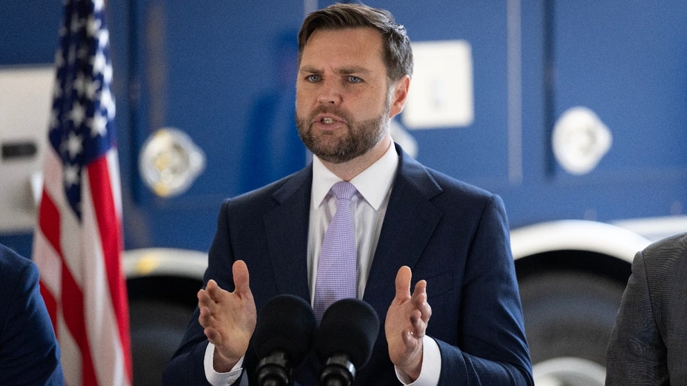Vice President JD Vance speaks to the press following a tour of the multiagency Federal Joint Operations Center at the Wilshire Federal Building on June 20, 2025 in Los Angeles, California