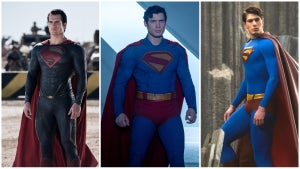 A triptych image of Henry Cavill in Man of Steel, David Corenswet in Superman and Brandon Routh in Superman Returns