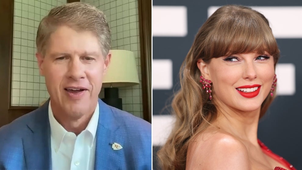 Left: Kansas City Chiefs CEO Clark Hunt (Credit: Entertainment Tonight), Right: Taylor Swift (Credit: Matt Winkelmeyer/Getty Images)