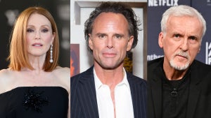 (Left to Right) Julianne Moore, Walton Goggins, and James Cameron pose in a three-image collage