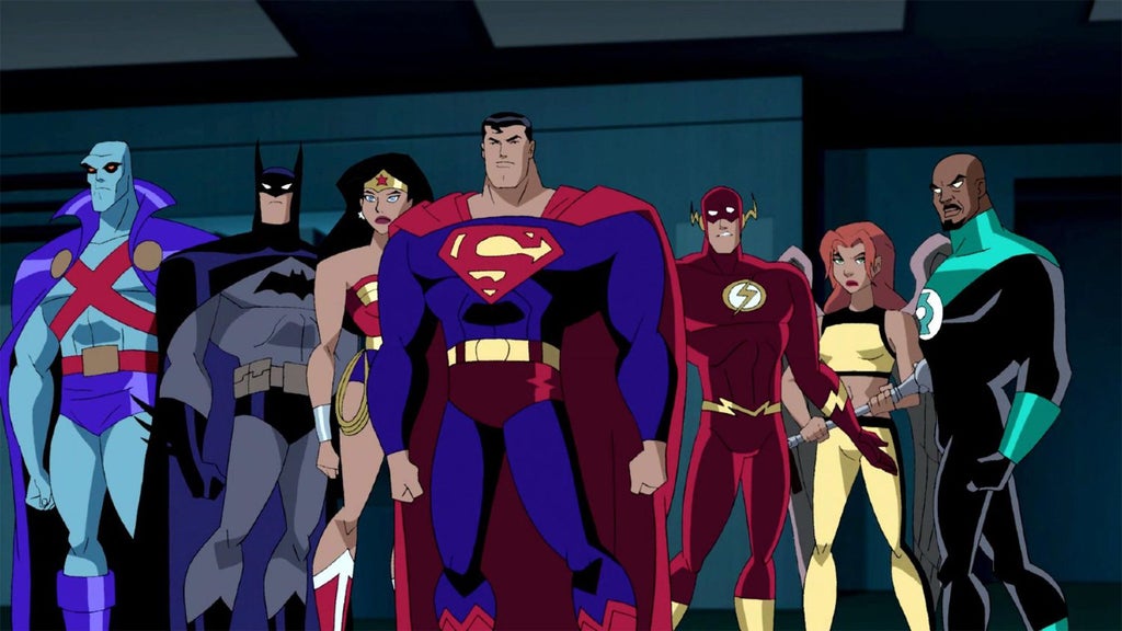 Left to Right: Martian Manhunter, Batman, Wonder Woman, Superman, Flash, Hawkgirl and Green Lantern in the DC animated series "Justice League Unlimited"