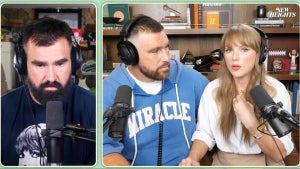 Taylor Swift on "New Heights" podcast with Jason and Travis Kelce (Credit: YouTube/New Heights)