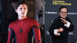 Tom Holland's Spider-Man from "Far From Home" unmasked (Left), Jackie Chan posing (Right)