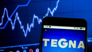 UKRAINE - 2019/02/05: Tegna Inc. Broadcasting company logo seen displayed on a smart phone. (Credit: Igor Golovniov/SOPA Images/LightRocket via Getty Images)