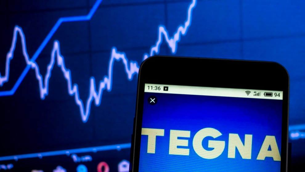 UKRAINE - 2019/02/05: Tegna Inc. Broadcasting company logo seen displayed on a smart phone. (Credit: Igor Golovniov/SOPA Images/LightRocket via Getty Images)