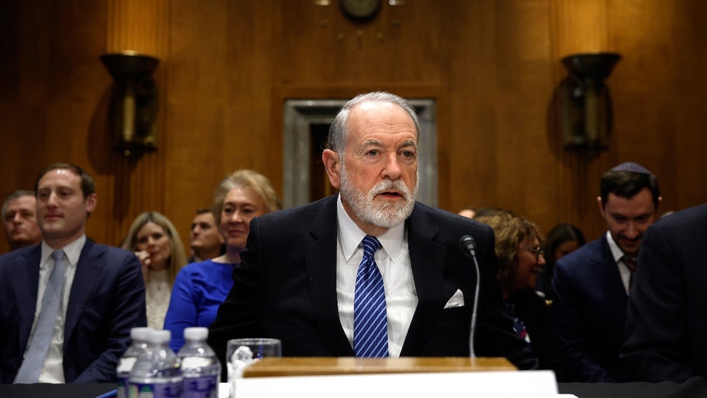 Former Arkansas Gov. Mike Huckabee, U.S. President Donald Trump's nominee to be ambassador to Israel, arrives to testify during his Senate Foreign Relations Committee confirmation hearing at the Dirksen Senate Office Building on March 25, 2025 in Washington, DC