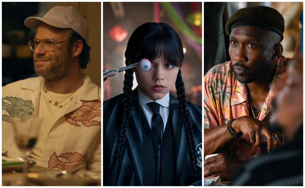 A triptych image with stills from Platonic, Wendesday and Jurassic World Rebirth