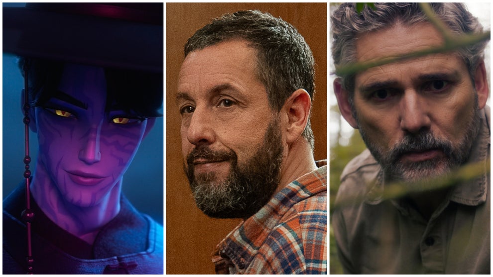 A triptych image with stills from KPop Demon Hunters, Happy Gilmore 2 and Untamed