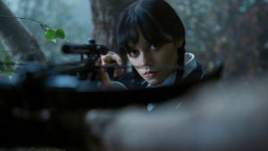 Jenna Ortega wields a crossbow in "Wednesday" Season 2
