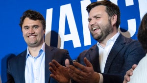 Charlie Kirk and J.D. Vance at a campaign rally on May 1, 2022 in Cuyahoga Falls, Ohio. (Credit: Drew Angerer/Getty Images)
