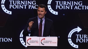 Charlie Kirk speaks at the Turning Point PAC town hall in June 2024. (Credit: Justin Sullivan/Getty Images)