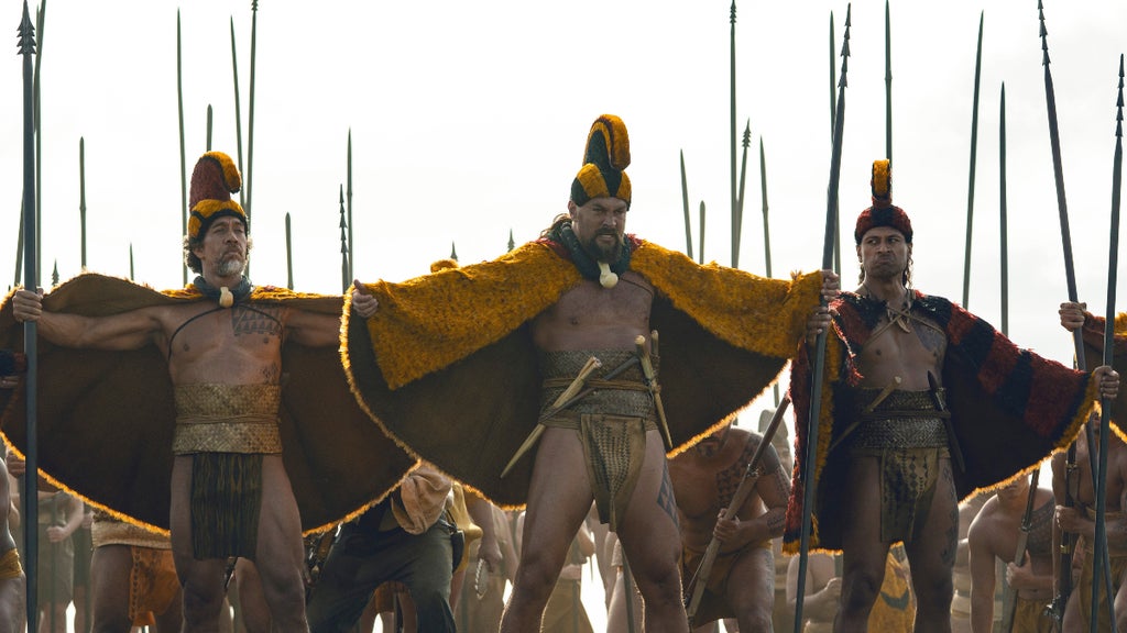Moses Goods, Jason Momoa and Te Kohe Tuhaka in "Chief of War" Episode 9 (Apple TV+)