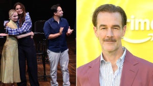 Left: Michelle Williams, Katie Holmes and Lin-Manuel Miranda at the Dawson's Creek Class Reunion on September 22, 2025 (Cindy Ord/Getty Images for F Cancer), Right: James Van Der Beek at the L.A. premiere of "Overcompensating" on May 14, 2025. (Steve Granitz/FilmMagic)