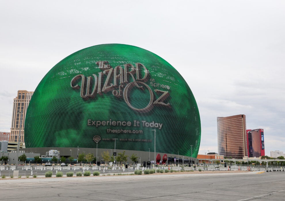 Sphere lights up with an advertisement for "The Wizard of Oz at Sphere" ahead of the show's premiere on Aug. 28, 2025 in Las Vegas, Nevada. (Credit: Ethan Miller/Getty Images)