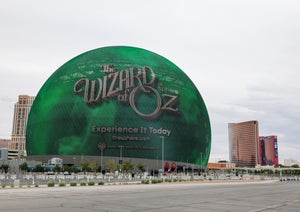 Sphere lights up with an advertisement for "The Wizard of Oz at Sphere" ahead of the show's premiere on Aug. 28, 2025 in Las Vegas, Nevada. (Credit: Ethan Miller/Getty Images)
