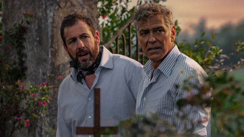 Adam Sandler and George Clooney in Noah Baumbach's "Jay Kelly" (Peter Mountain/Netflix)