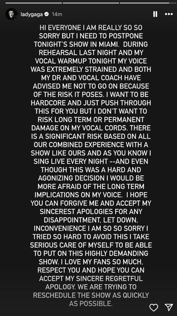 Lady Gaga Instagram post canceling Miami concert