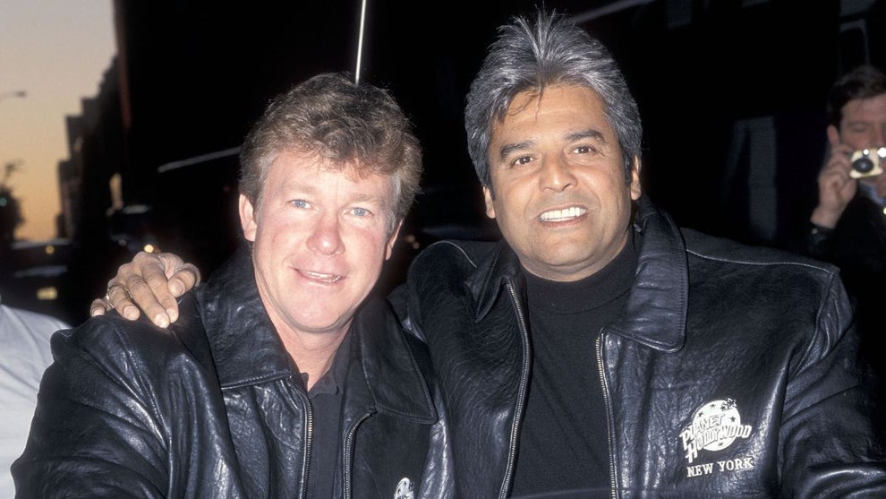 Actor Larry Wilcox and actor Erik Estrada present memorarilias from the movie "CHiPs 99" to Planet Hollywood on October 20, 1998 at Planet Hollywood, 140 West 57th Street in New York City. (Credit: Ron Galella, Ltd./Ron Galella Collection via Getty Images)