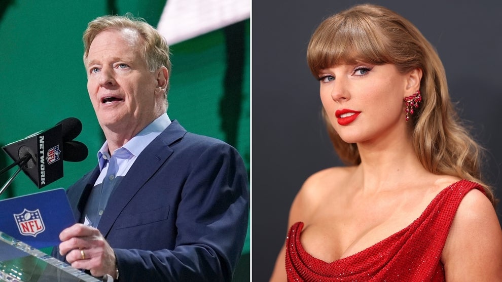Left: NFL Commissioner Roger Goodell (Perry Knotts/Getty Images), Right: Taylor Swift (Matt Winkelmeyer/Getty Images)